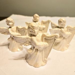Vintage White Iridescent Angels w/ Harps Porcelain Napkin Rings Set of 4
